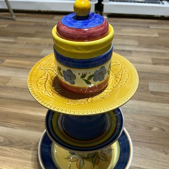 Beautiful Plate Mug Jar Dinnerware Three Tiered Serving‎ Tower Decor Blue Yellow - Picture 3 of 9